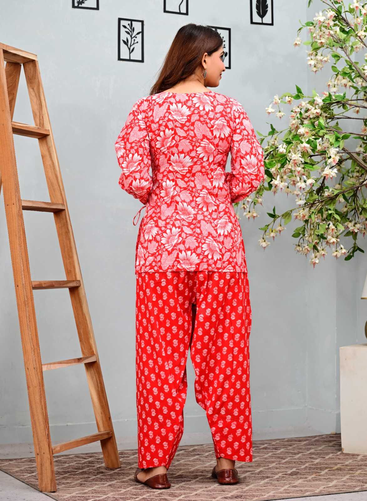 Red Floral Printed Square Neck Top with Matching Pant Set