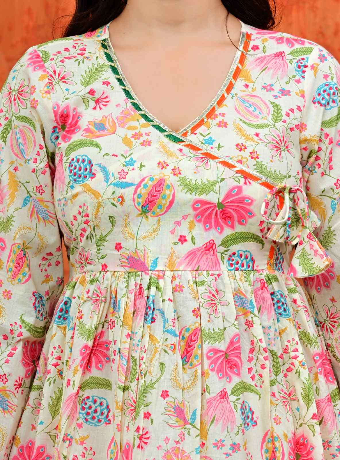 Off-White Multi Floral Angrakha Flared Short Kurta with Matching Printed Palazzo Set