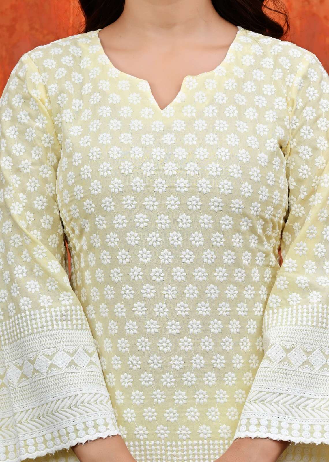 Women White Thread Embroidered Cotton Short Kurti Paired with White Patiala Salwar