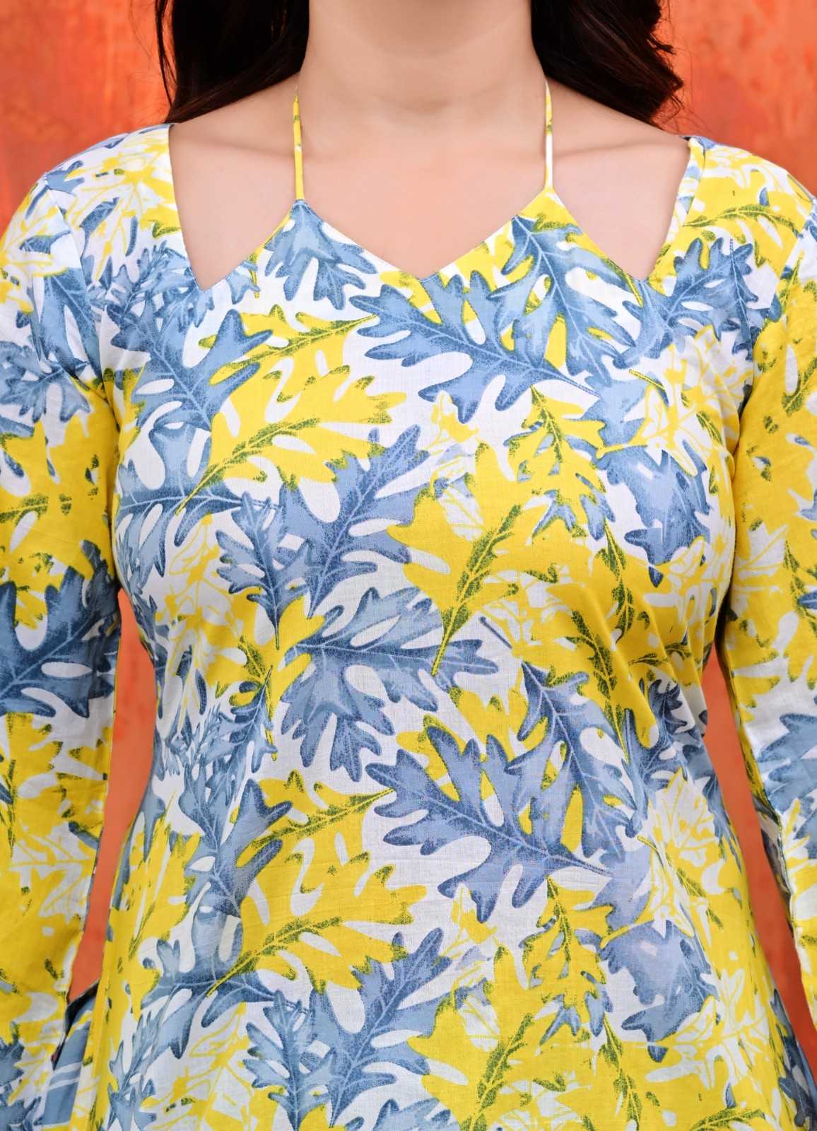Yellow & Slate Blue Halter Kurti with Salwar Set