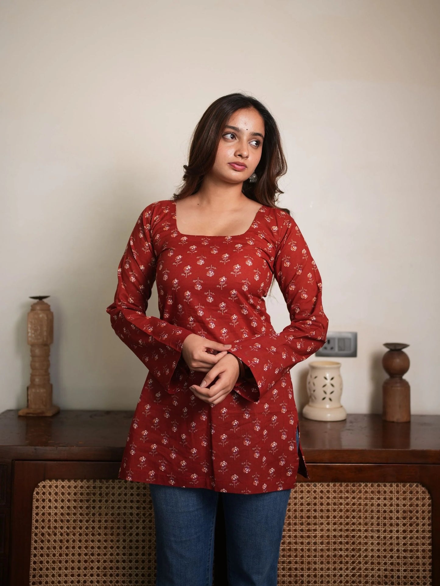 Red Cotton Square Neck Short Kurti