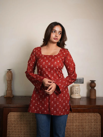 Red Cotton Square Neck Short Kurti
