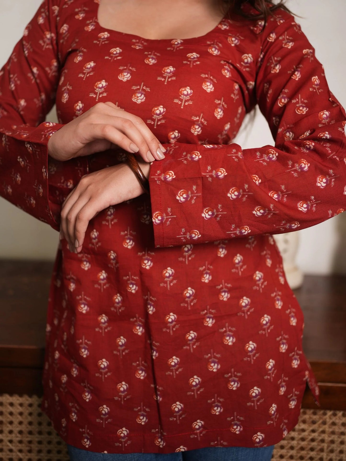 Red Cotton Square Neck Short Kurti