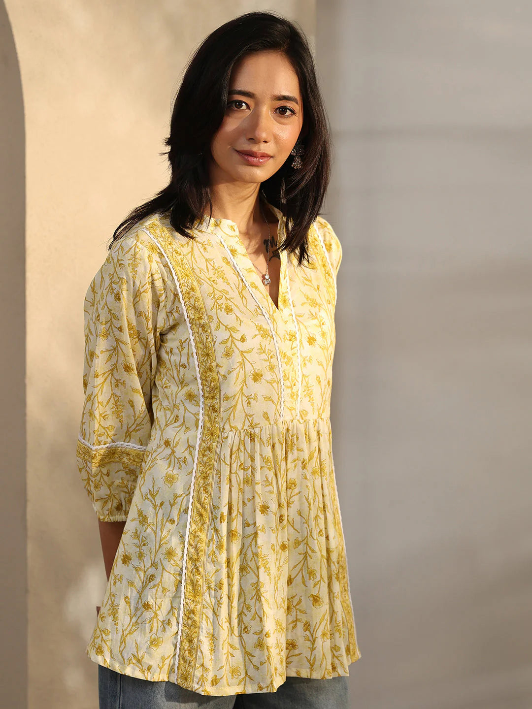 Yellow Printed Cotton A-Line Short Kurti