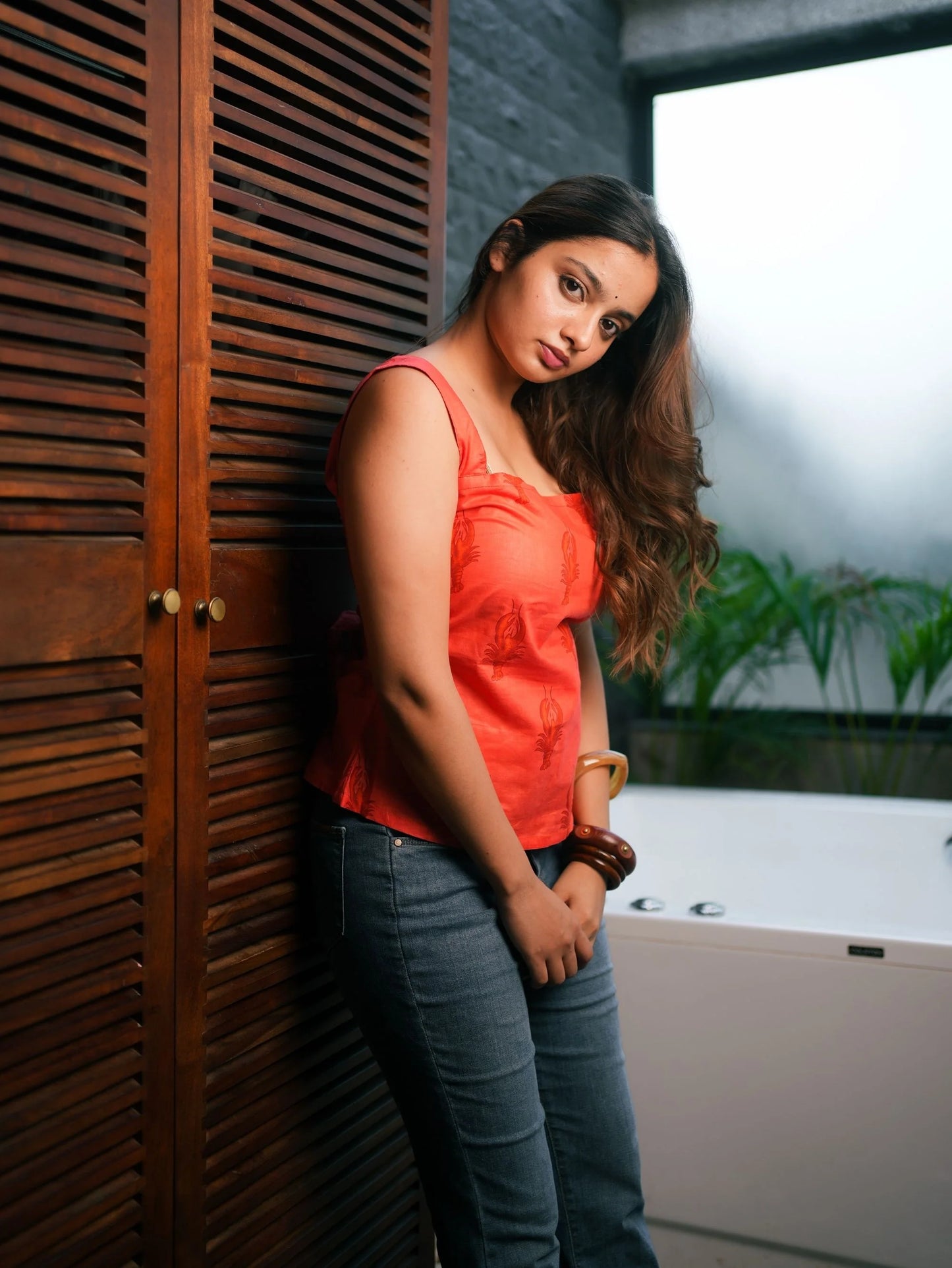 Red Cotton Handblock Top with Square Neck