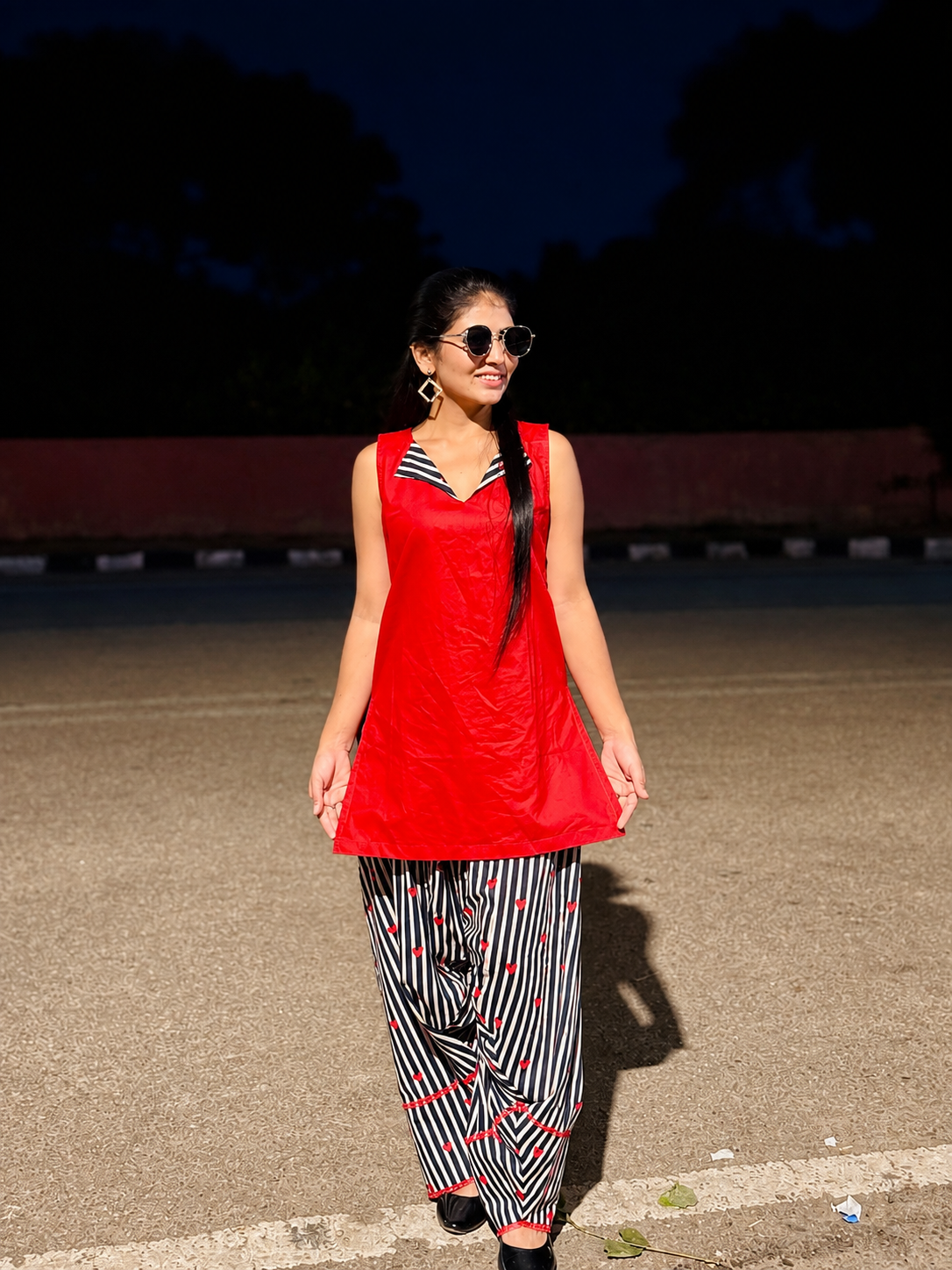 Red Bloom Stripe Kurti Set