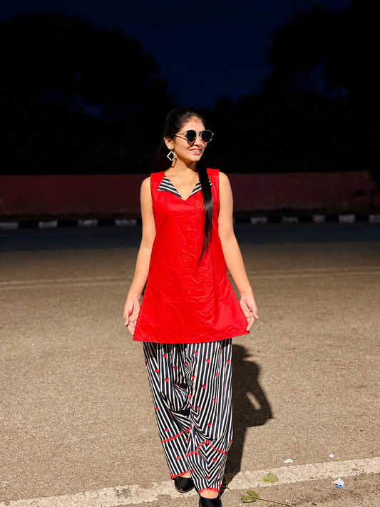 Red Bloom Stripe Kurti Set