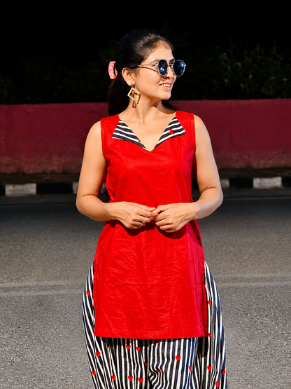 Red Bloom Stripe Kurti Set