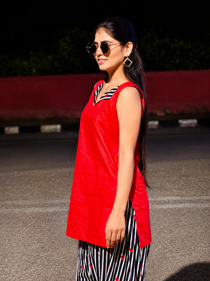Red Bloom Stripe Kurti Set
