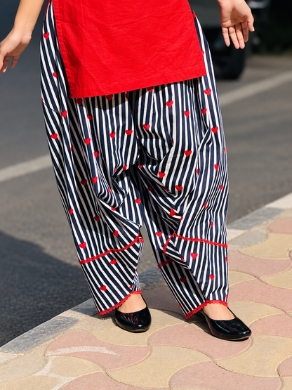 Red Bloom Stripe Kurti Set