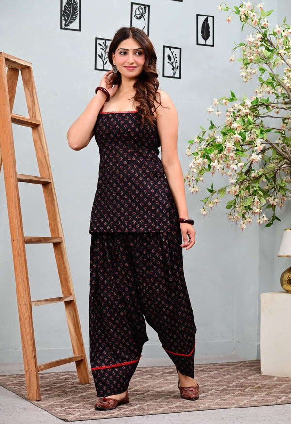 Black Floral Printed Sleeveless Kurti with Patiala Salwar Set