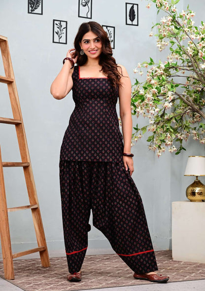 Black Floral Printed Sleeveless Kurti with Patiala Salwar Set