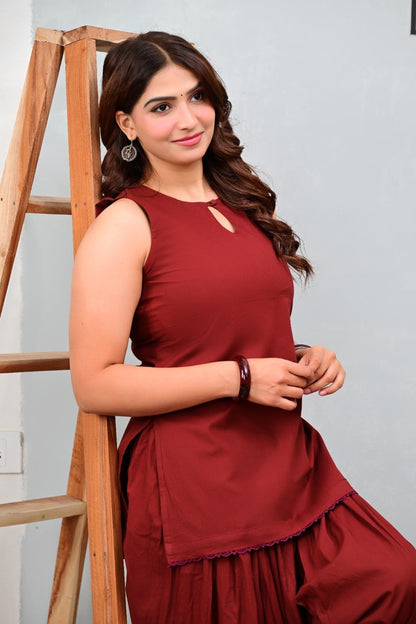 Maroon Sleeveless Kurti with Keyhole Neck and Patiala Salwar Set