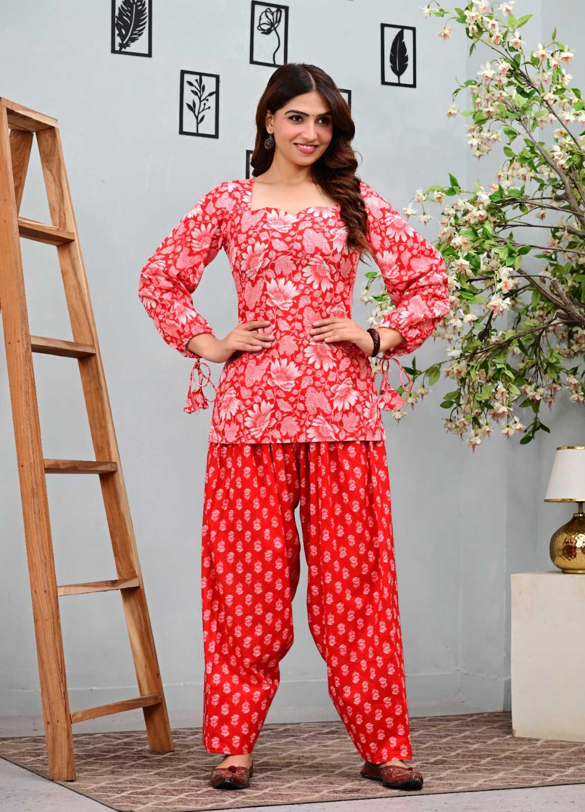 Red Floral Printed Square Neck Top with Matching Pant Set