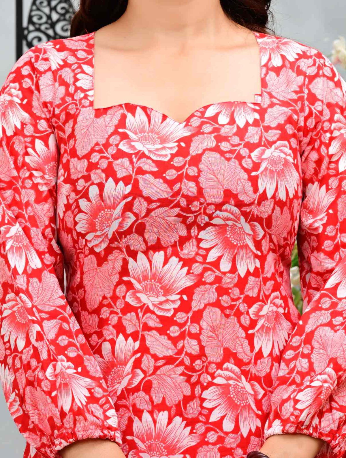 Red Floral Printed Square Neck Top with Matching Pant Set