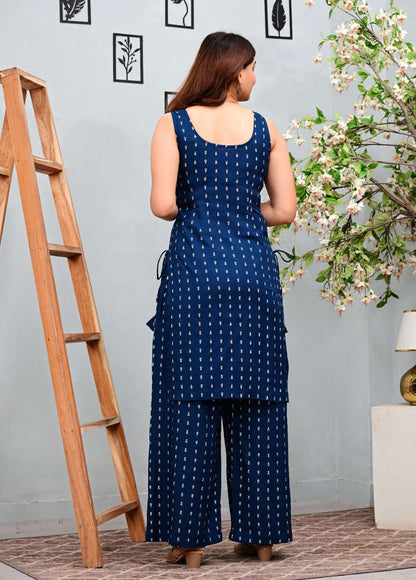 Navy Blue Printed Sleeveless Kurti with Matching Straight Pants Set