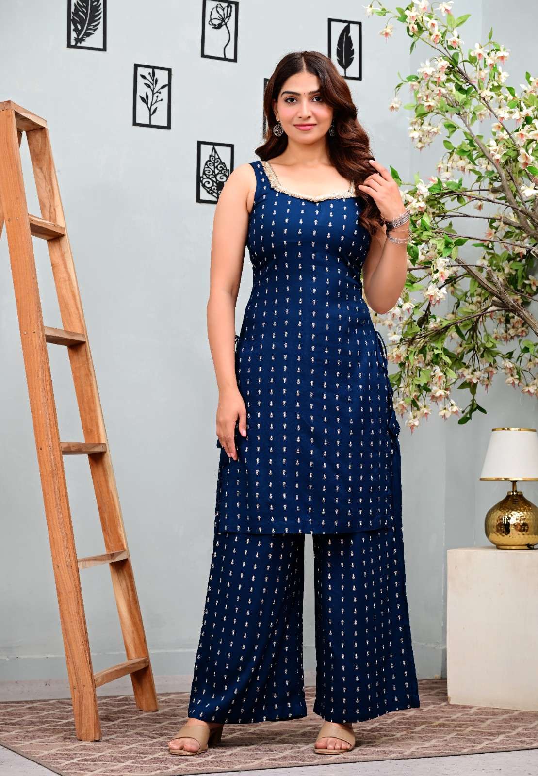 Navy Blue Printed Sleeveless Kurti with Matching Straight Pants Set