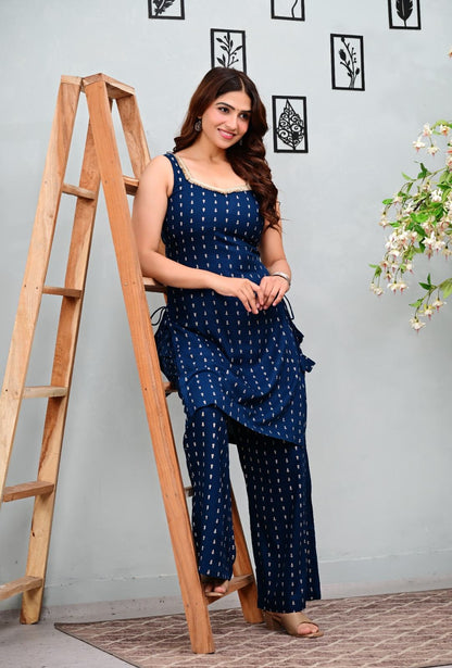 Navy Blue Printed Sleeveless Kurti with Matching Straight Pants Set