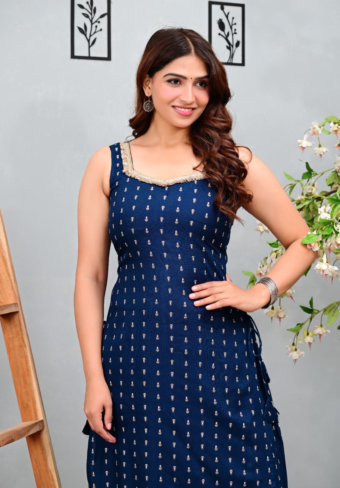 Navy Blue Printed Sleeveless Kurti with Matching Straight Pants Set