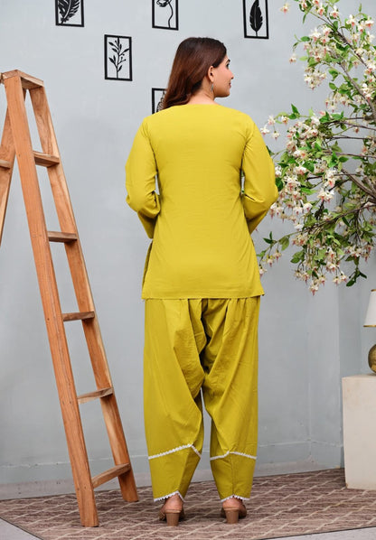 Mustard Green Pure Cotton Short Kurti with  Salwar  Set
