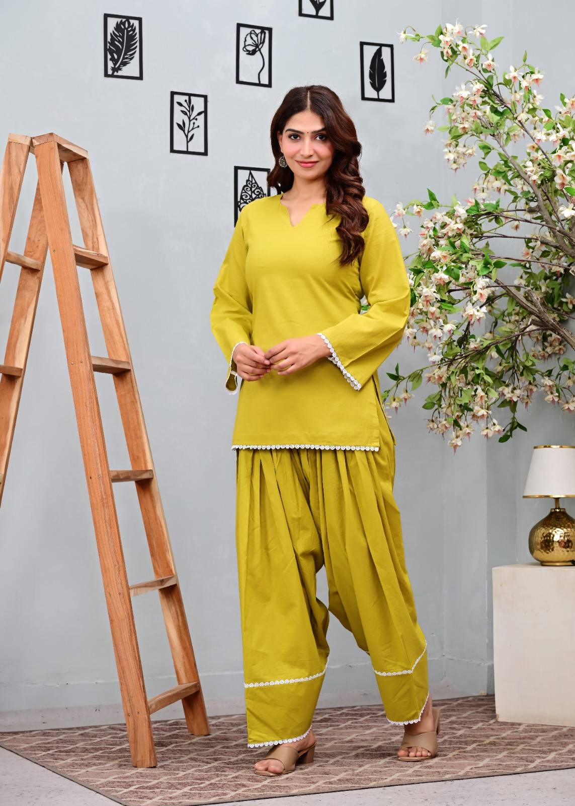 Mustard Green Pure Cotton Short Kurti with  Salwar  Set