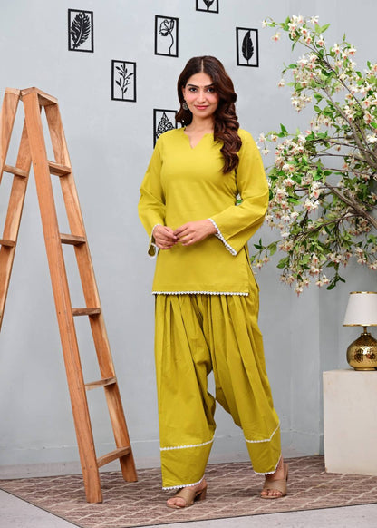Mustard Green Pure Cotton Short Kurti with  Salwar  Set