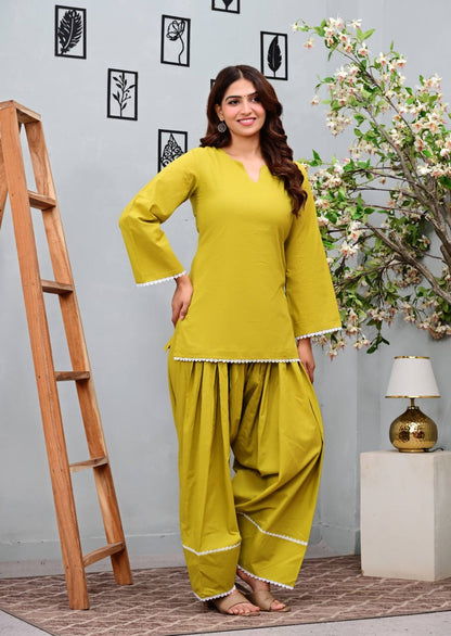 Mustard Green Pure Cotton Short Kurti with  Salwar  Set
