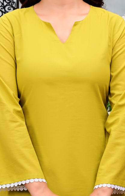 Mustard Green Pure Cotton Short Kurti with  Salwar  Set
