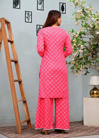 Pink Floral Printed Kurta Set with Palazzo Pants