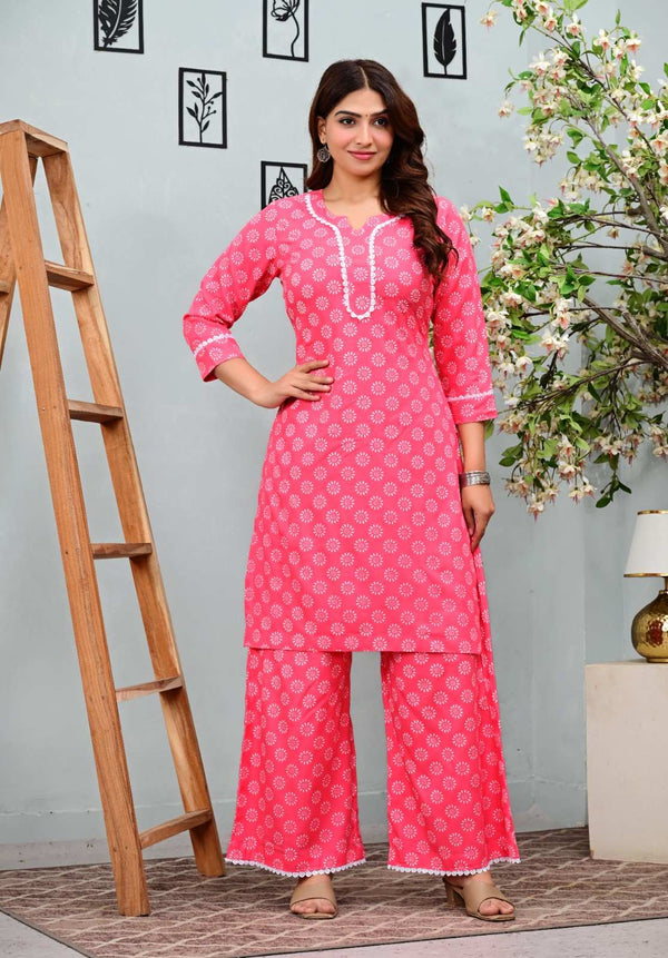 Pink Floral Printed Kurta Set with Palazzo Pants