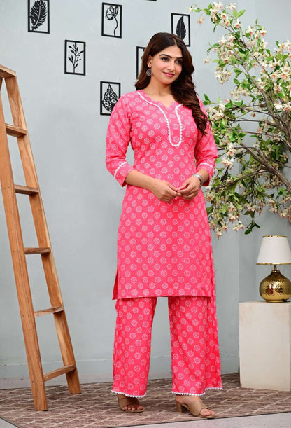 Pink Floral Printed Kurta Set with Palazzo Pants