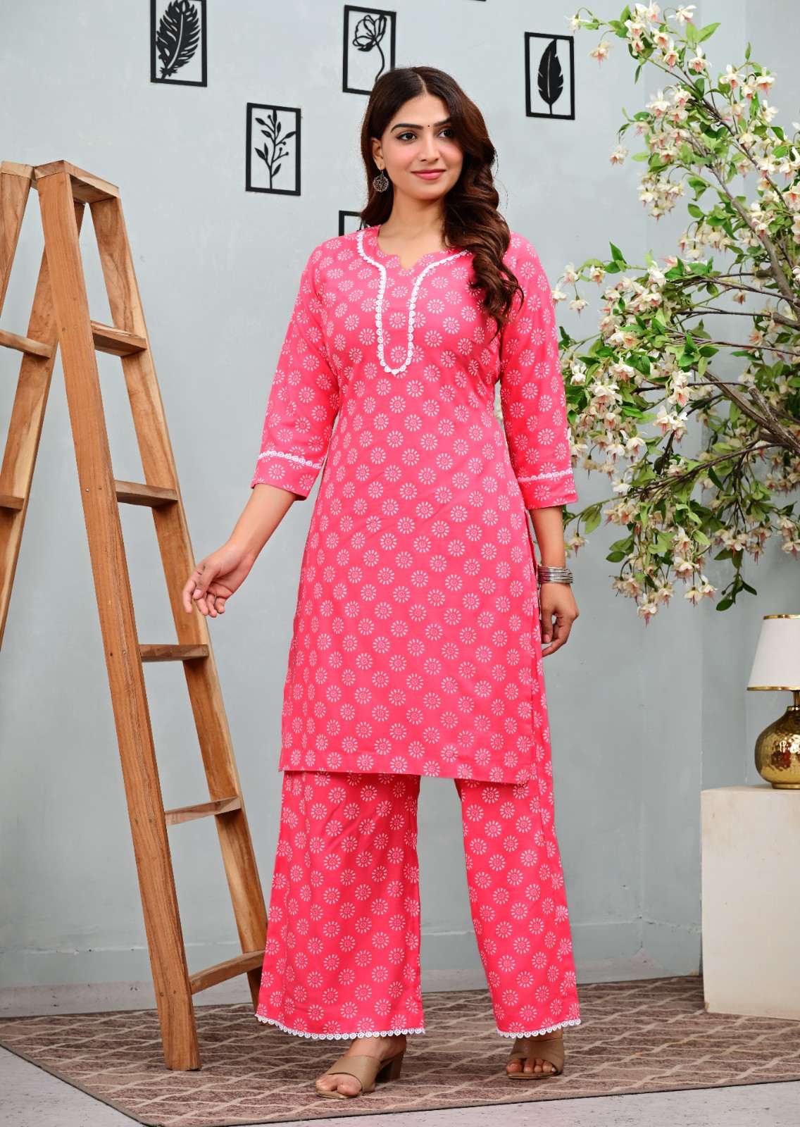 Pink Floral Printed Kurta Set with Palazzo Pants