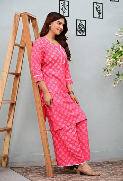 Pink Floral Printed Kurta Set with Palazzo Pants