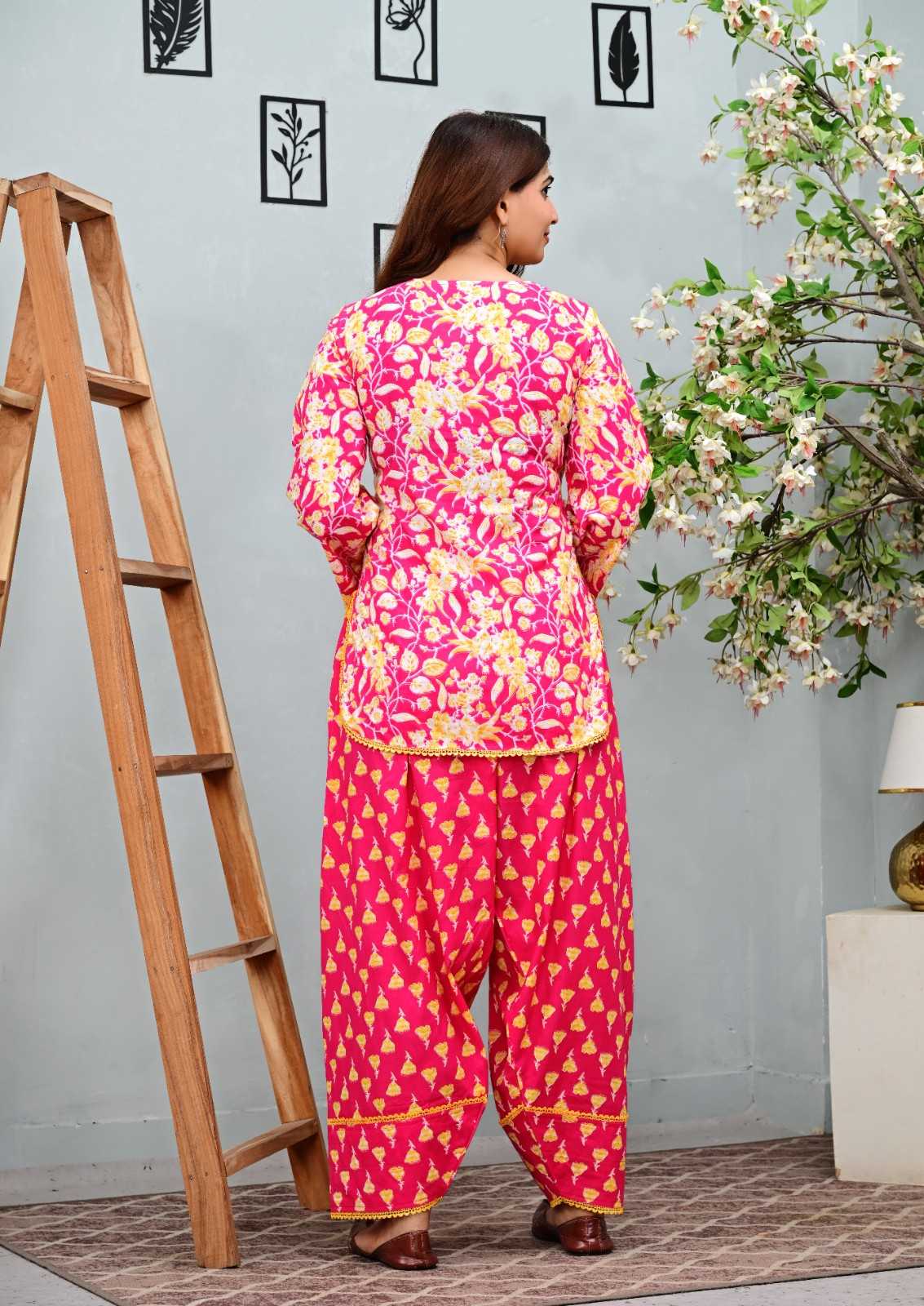 Pink Floral Printed Short Kurti with Salwar