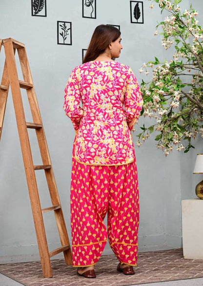 Pink Floral Printed Short Kurti with Salwar