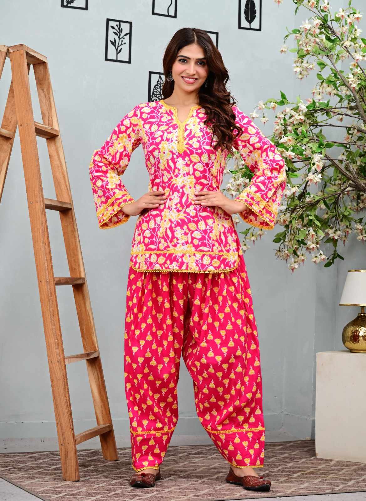 Pink Floral Printed Short Kurti with Salwar