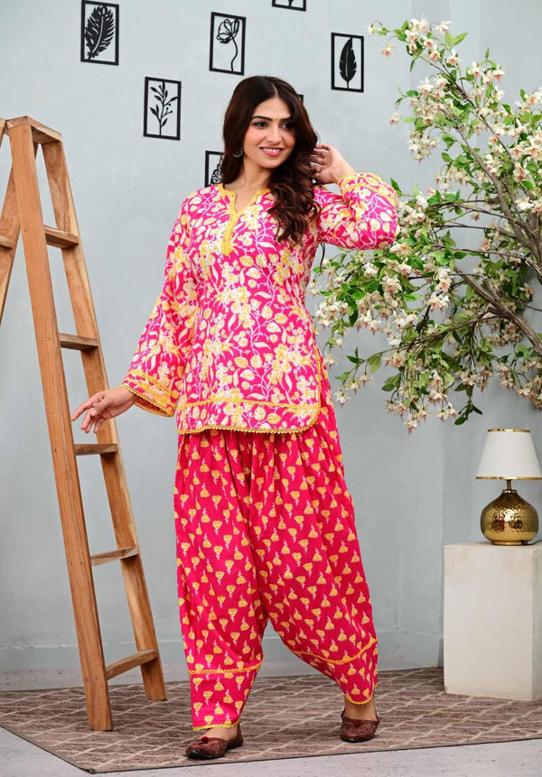 Pink Floral Printed Short Kurti with Salwar