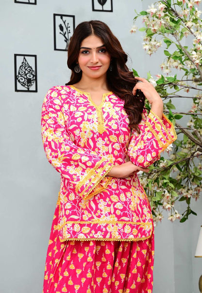 Pink Floral Printed Short Kurti with Salwar
