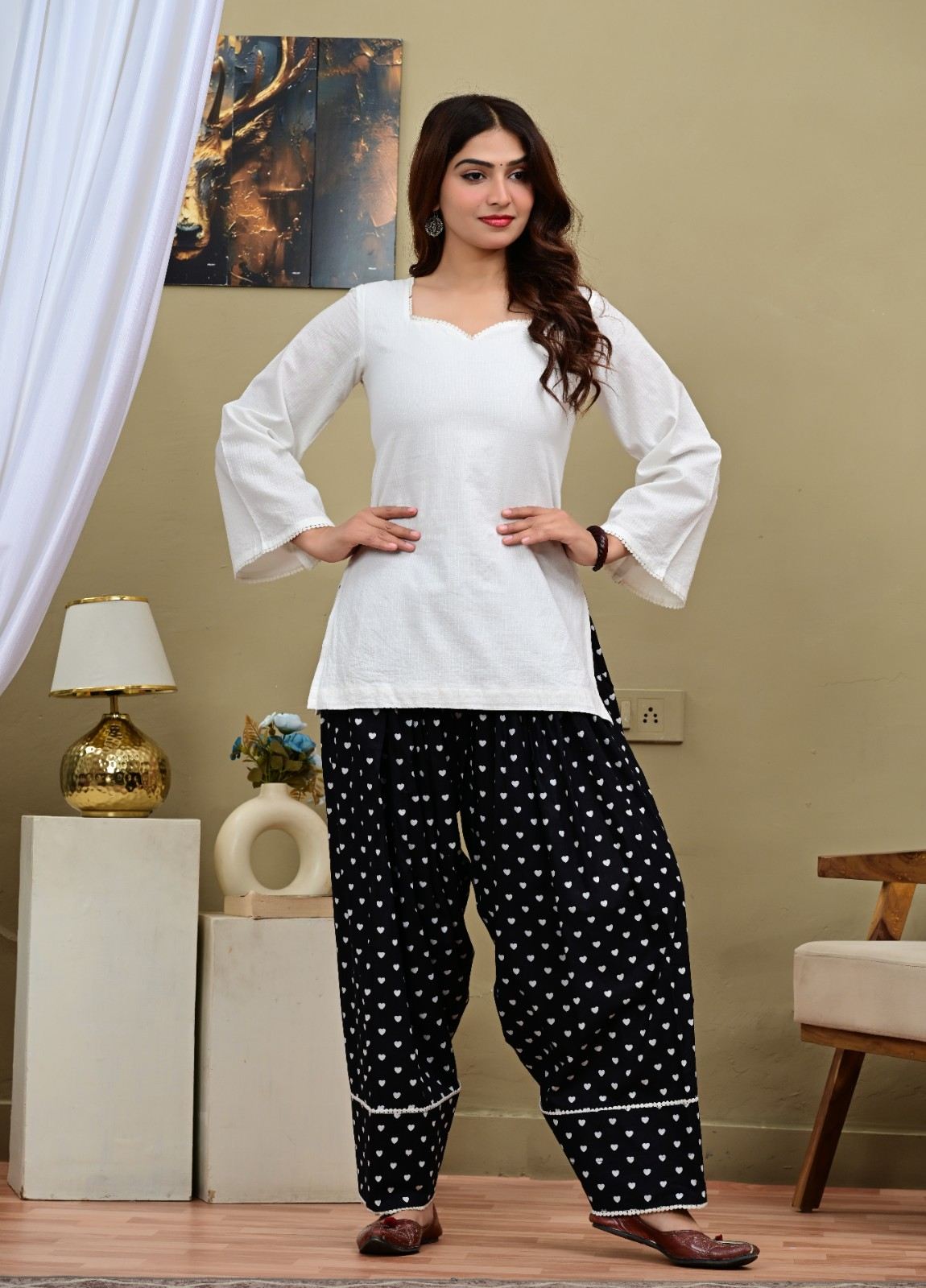 White Short Kurti with Black Heart Printed Salwar