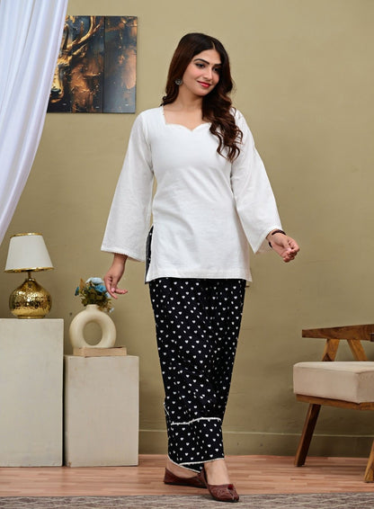 White Short Kurti with Black Heart Printed Salwar