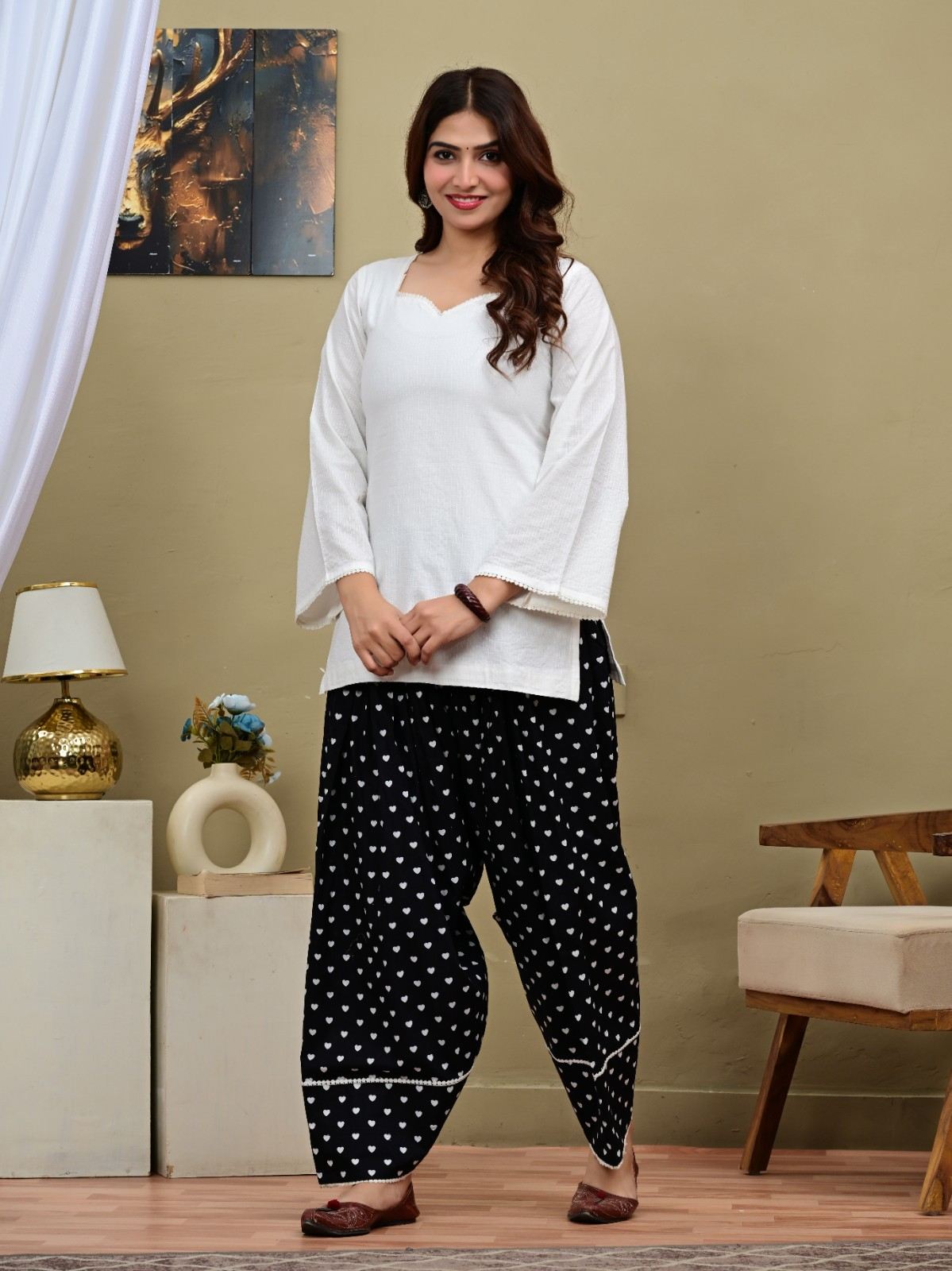 White Short Kurti with Black Heart Printed Salwar