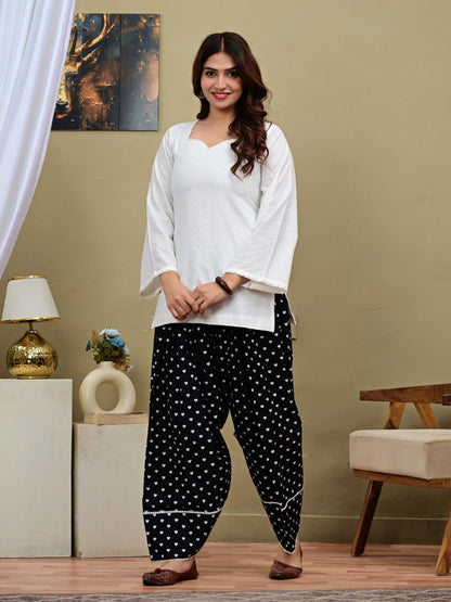 White Short Kurti with Black Heart Printed Salwar