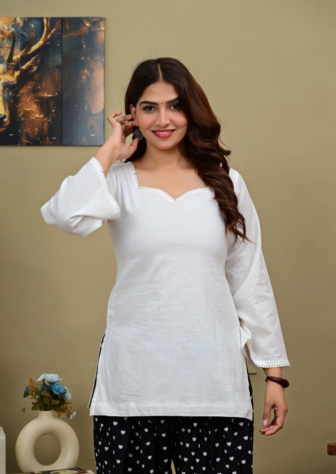 White Short Kurti with Black Heart Printed Salwar
