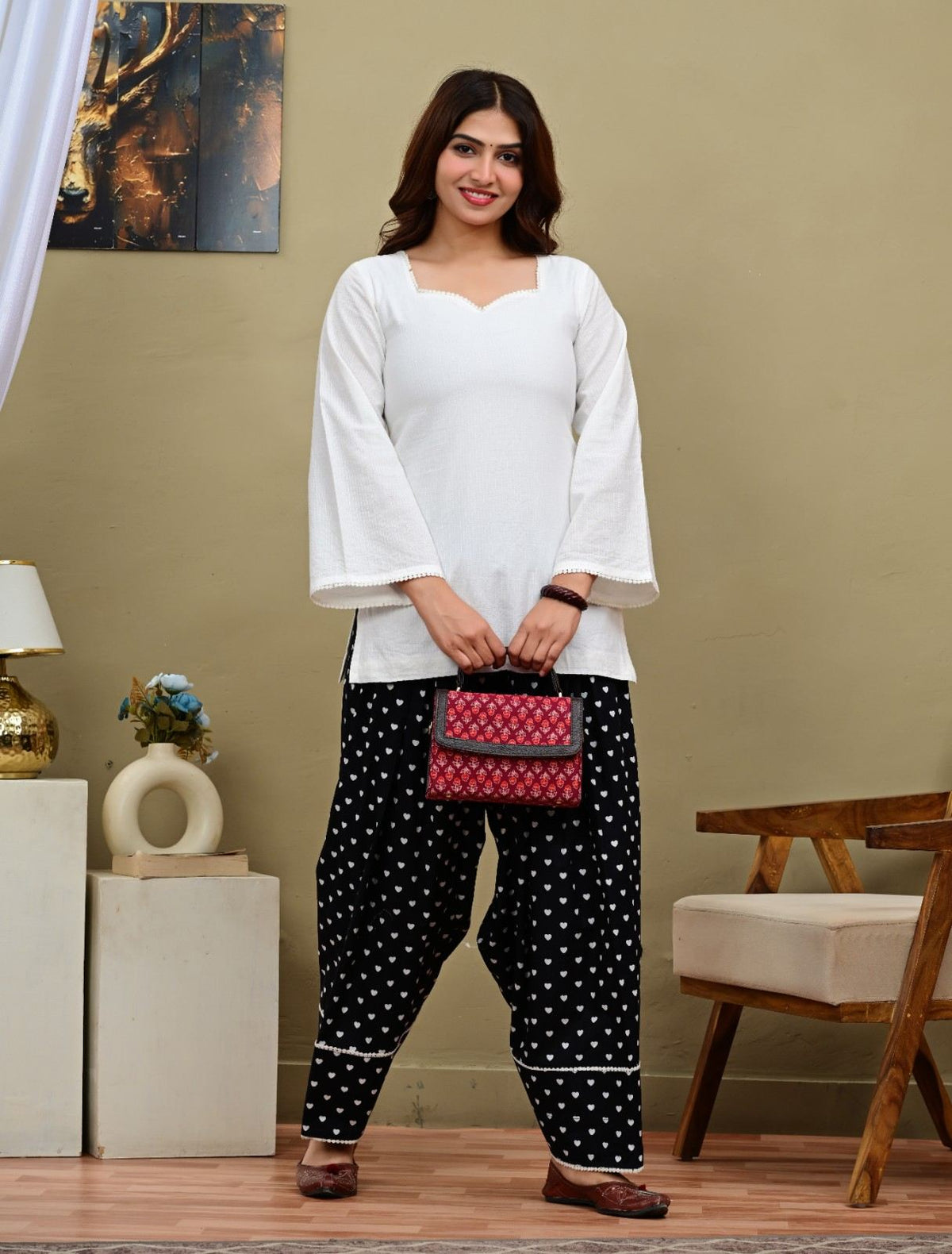 White Short Kurti with Black Heart Printed Salwar