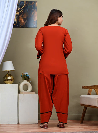 Rust Solid Short Kurta with Pleated Salwar