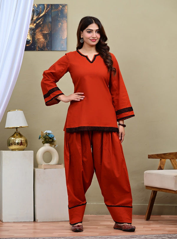 Rust Solid Short Kurta with Pleated Salwar