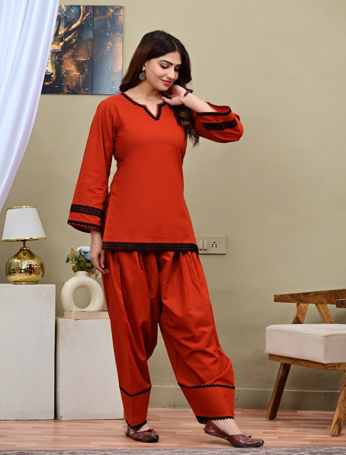 Rust Solid Short Kurta with Pleated Salwar