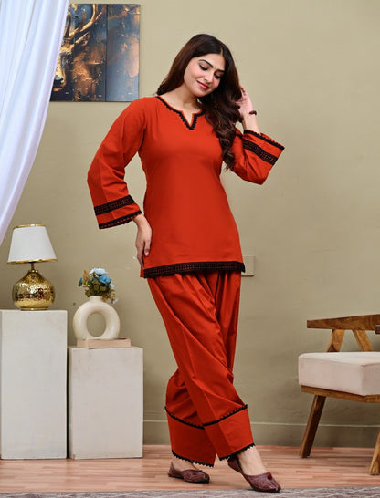 Rust Solid Short Kurta with Pleated Salwar