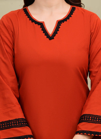 Rust Solid Short Kurta with Pleated Salwar