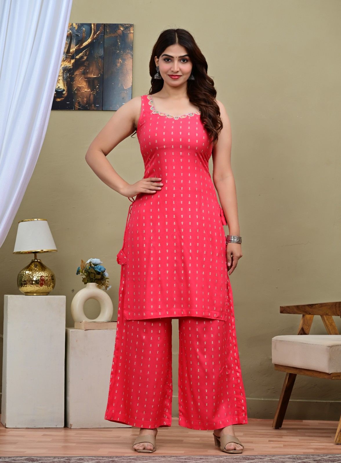 Pink Sleeveless Kurti with Palazzo Set